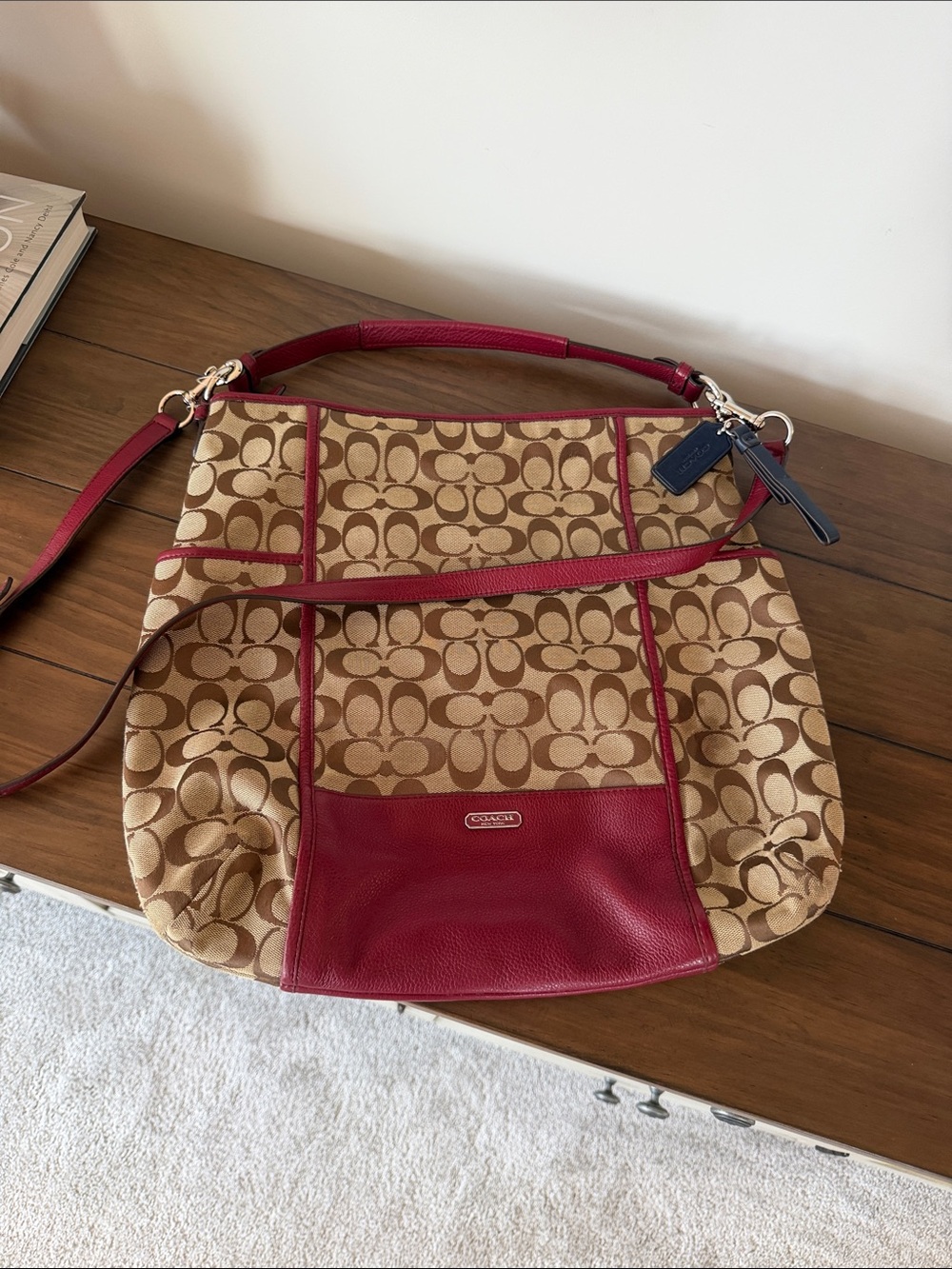 Coach Signature Canvas Shoulder Bag in Khaki and Red